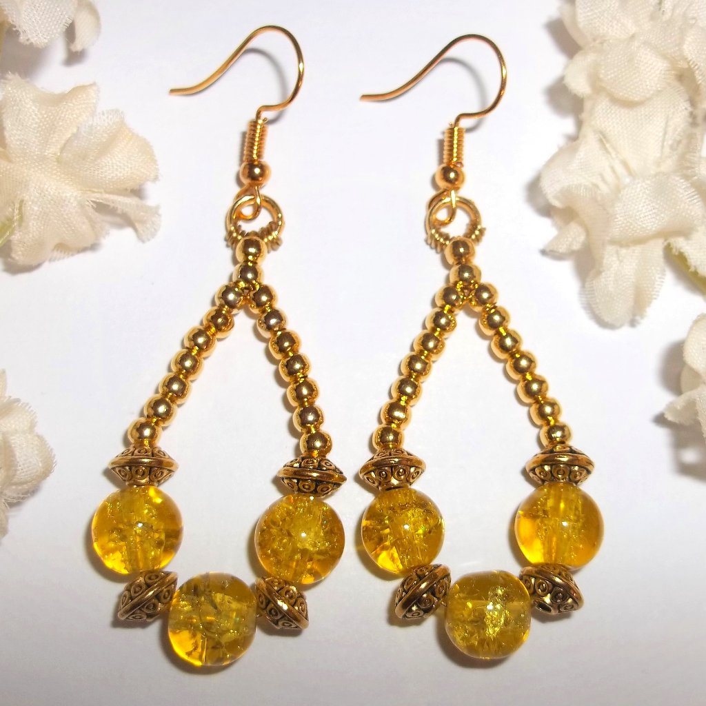 Hoop Earrings Gold And Yellow Crackled Glass Beaded Teardrop Dangle Gift 7005